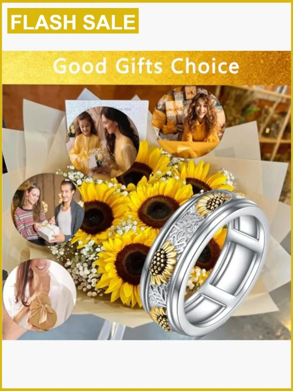 Sterling Silver Spinner Fidget Ring Anxiety Stress Relief Sunflower Band
